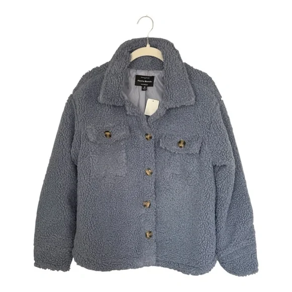 Haute Monde Cozy Blue Teddy Fleece Barn Jacket Button Up Shirt Jacket Sz M NWT - Picture 8 of 16